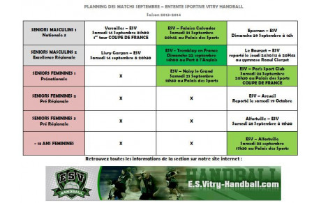 Planning des matchs de Septembre 